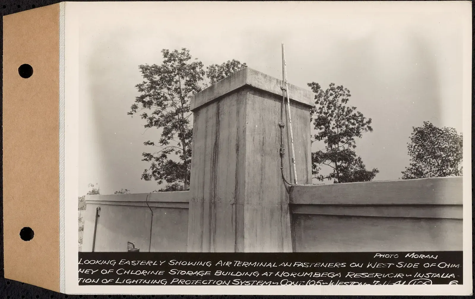 1941 photograph of an air terminal and fasteners on the concrete chimney of a chlorine storage building at Norumbega Reservoir, Massachusetts