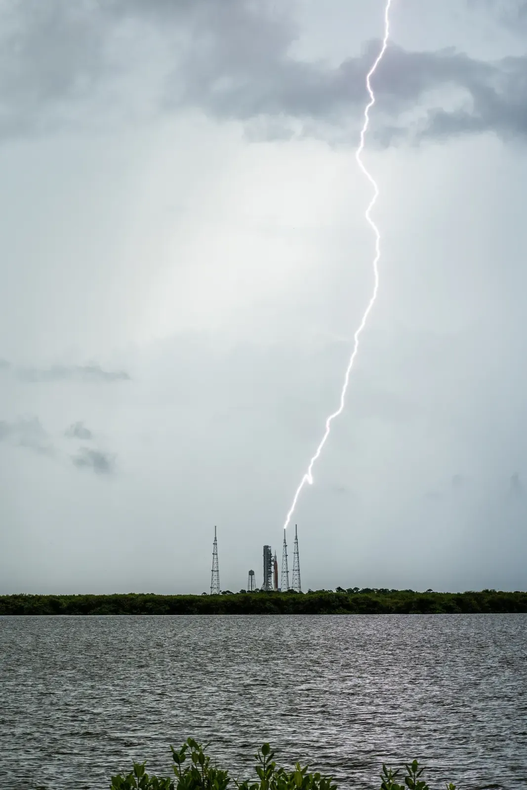 Cloud-to-ground lightning over Launch Pad 39B at Kennedy Space Center, Florida