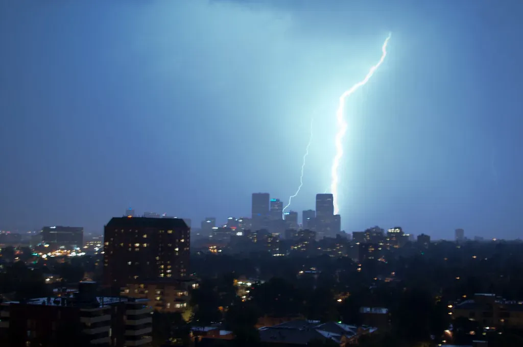 Lightning striking near the downtown Denver skyline