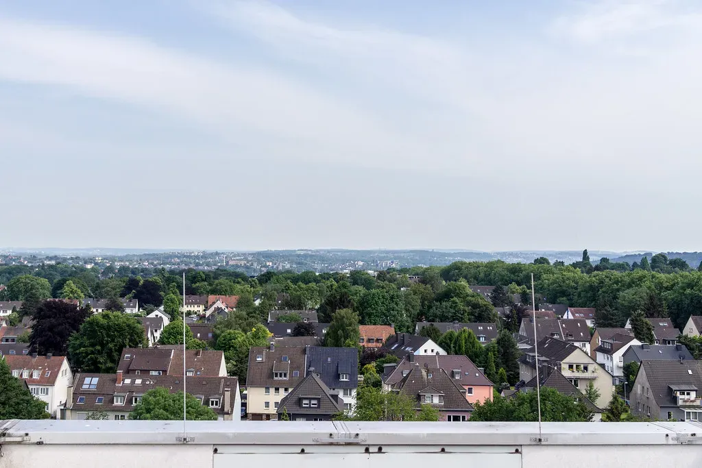 Neighbourhood rooftops seen from a roof fitted with lightning protection